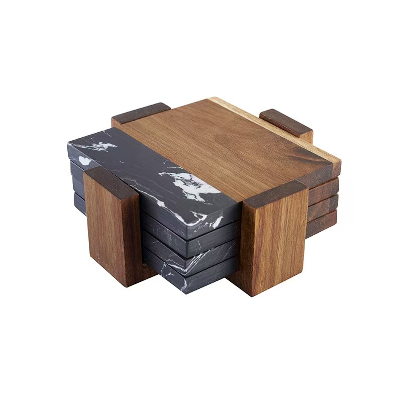 Square Marble and Wood Coaster Set with 
